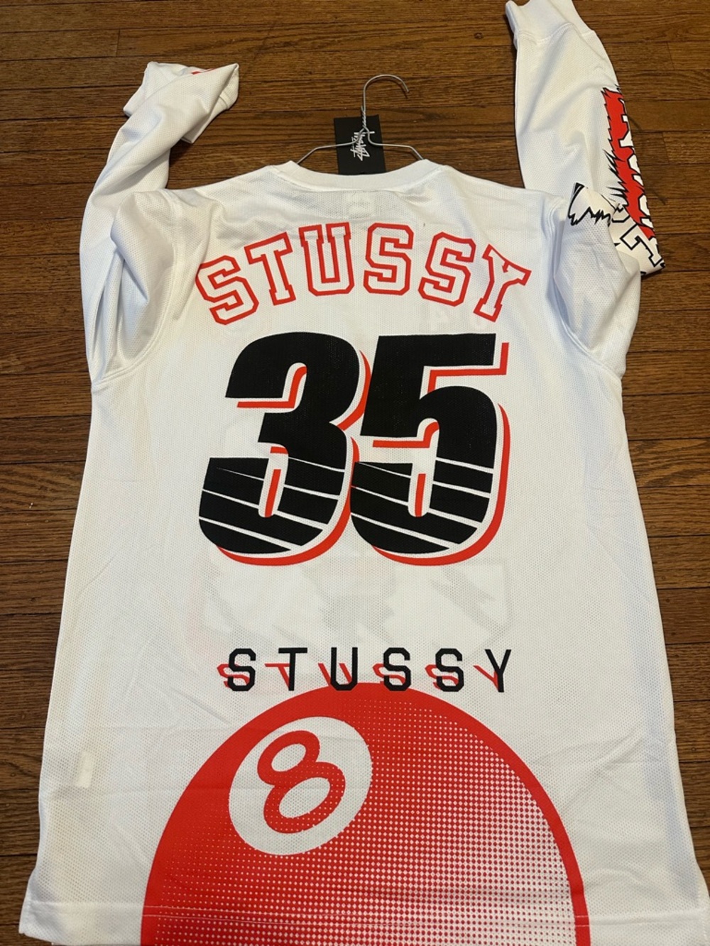 Stussy White Long Sleeve Tee with Black & Red Graphic 'S' - Picture 3 of 8
